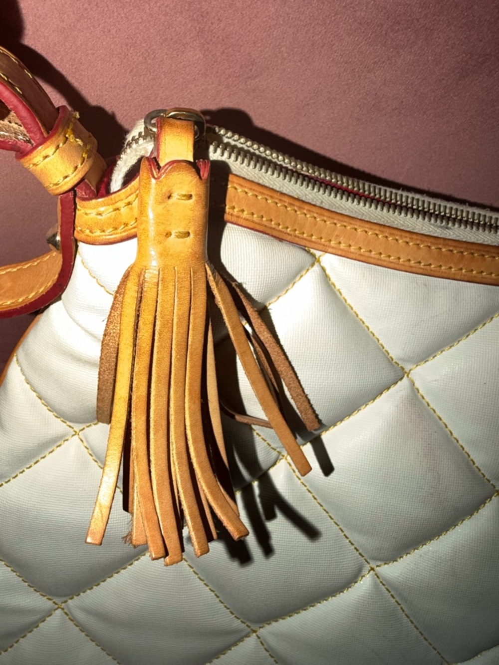 Dooney & Bourke Cream Quilted Leather Shoulder Bag with Tan Trim - Picture 4 of 12
